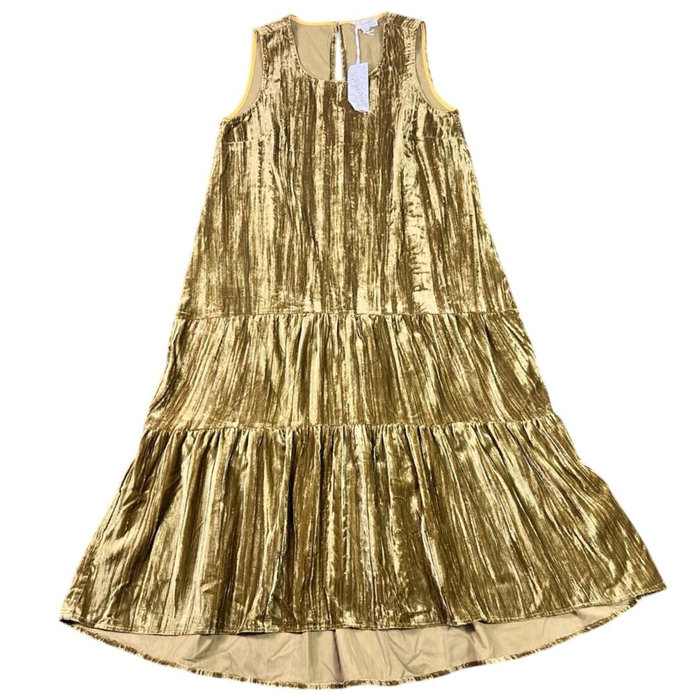 Mystree Dress Mustard Green Velvet Tiered Mini Sleeveless NWT